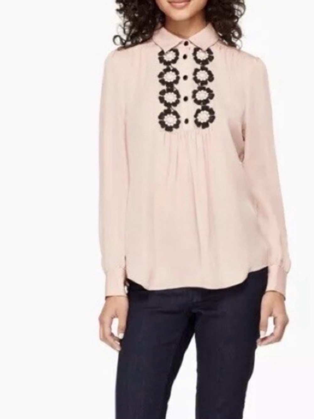 KATE SPADE Pale Pink Silk Long-Sleeve Blouse with Black Floral Appliqué